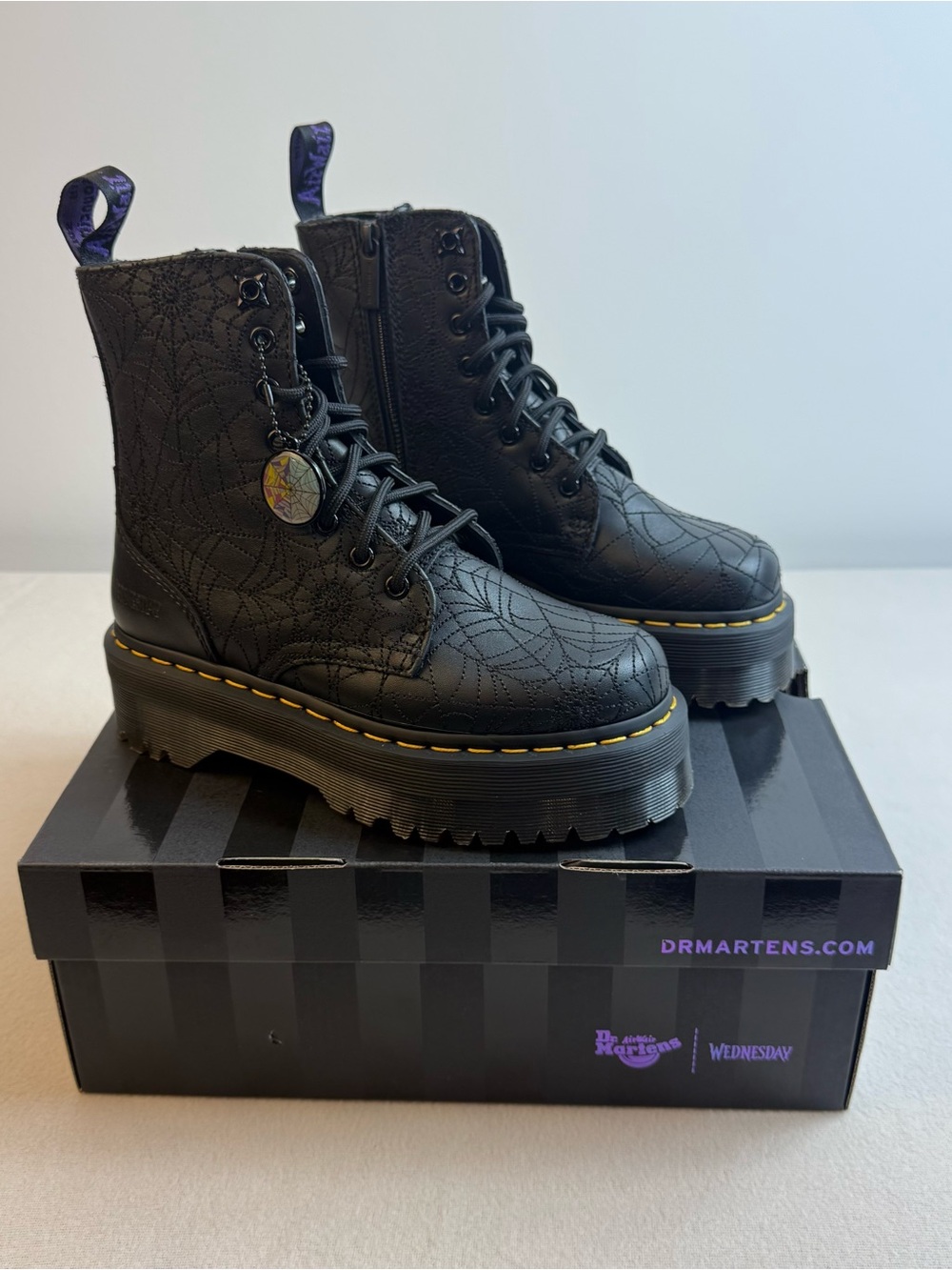 Dr. Martens Women's Black Spiderweb Lace-Up Platform Boot Wednesday collab - Picture 6 of 8